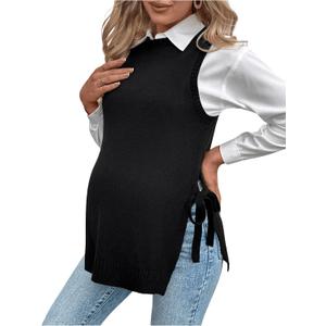 MakeMeChic Women's Maternity Vest Crewneck Sleeveless Tie Side Split Hem Pregnancy Sweater Pullovers Black Small