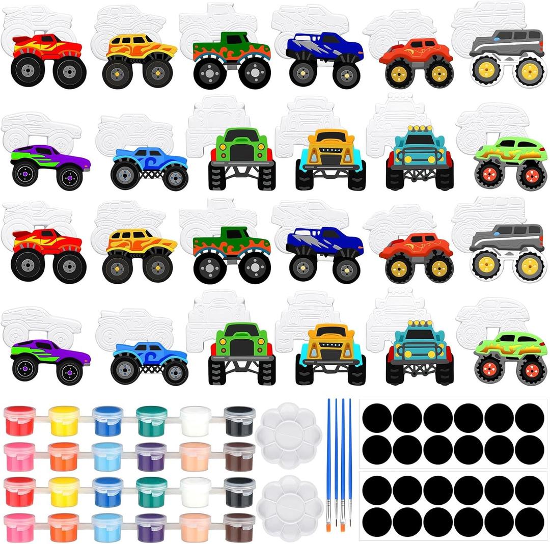 Simgoing 24 Pcs Ready to Paint Ceramic Monster Truck Ornaments Unpainted DIY Ceramic Painting Kit with 24 Acrylic Paints 4 Paint Brushes 2 Palettes for Kids Paintable Figurines for Adults Crafts