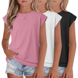 3 Pack Girl's Short Sleeve Shirts Kids Cap Sleeve Crewneck Tops Casual Summer Loose Fit Tees for Teens