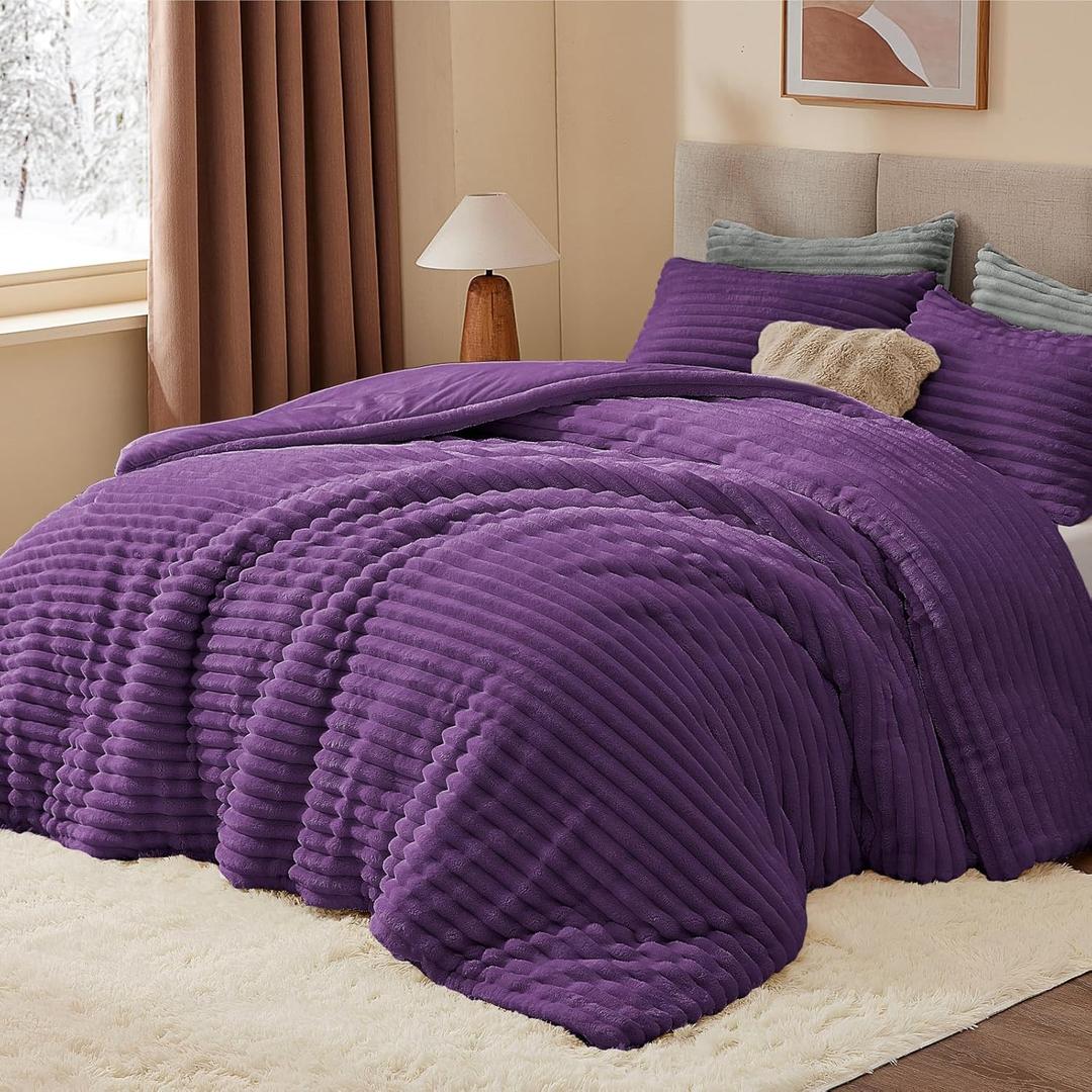BEDELITE Fleece Queen Comforter Set -Super Soft & Warm Fluffy Purple Bedding, Luxury Fuzzy Heavy Bed Set for Winter with 2 Pillow Cases