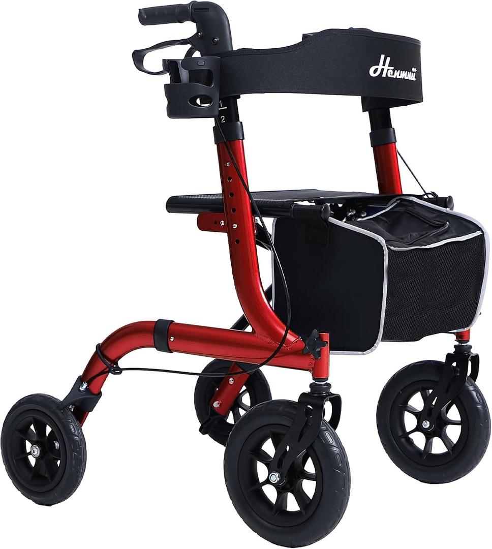 Rollator Walker for Seniors, Lightweight Foldable All Terrain Rolling Walker with seat, Aluminum Walkers with 10 inch Rubber Wheels, Handles and Backrest for Seniors and Adult (Red)