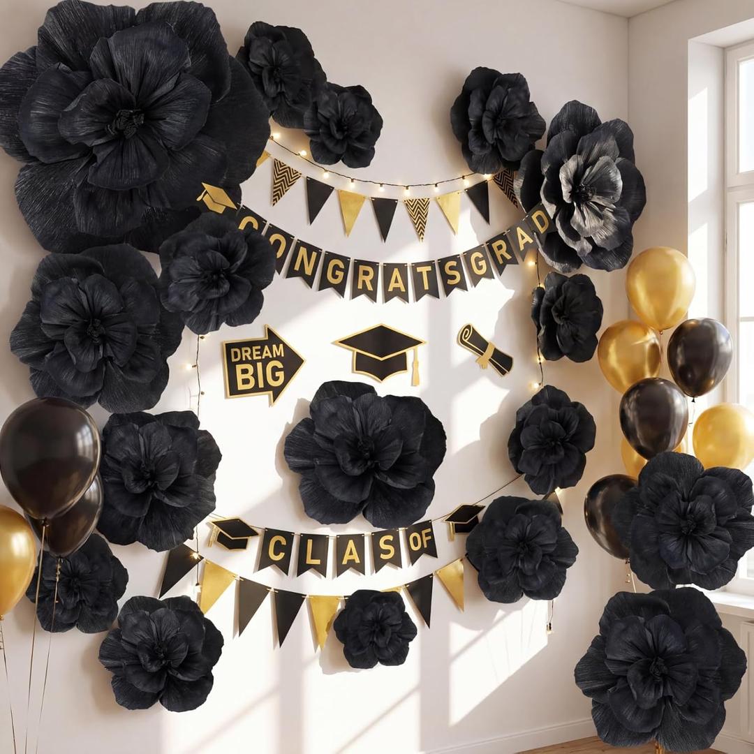 Giant Paper Flowers Artificial Large Paper Flower Decoration for Handcrafted Wall Backdrop Christmas Mexican Wedding Graduation Bridal Shower Birth Party Supplies(Black,12 Pcs)