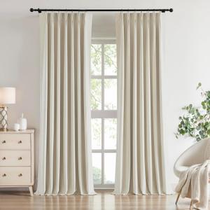 Vision Home Champagne Ivory Velvet Pinch Pleated Full Blackout Curtains Room Darkening Pleat Velvet Drapes 90 inch for Living Room Bedroom Thermal Insulated Window Panels with Hooks 40"Wx90"Lx2,Beige