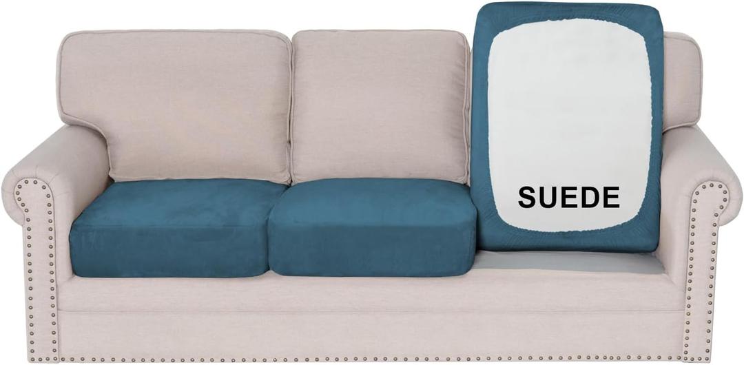 H.VERSAILTEX Individual Couch Seat Covers Stretch Couch Cover Soft Suede Sofa Cushion Covers Sectional Couch Cover Washable(3 Piece Sofa Cover,Stone Blue)