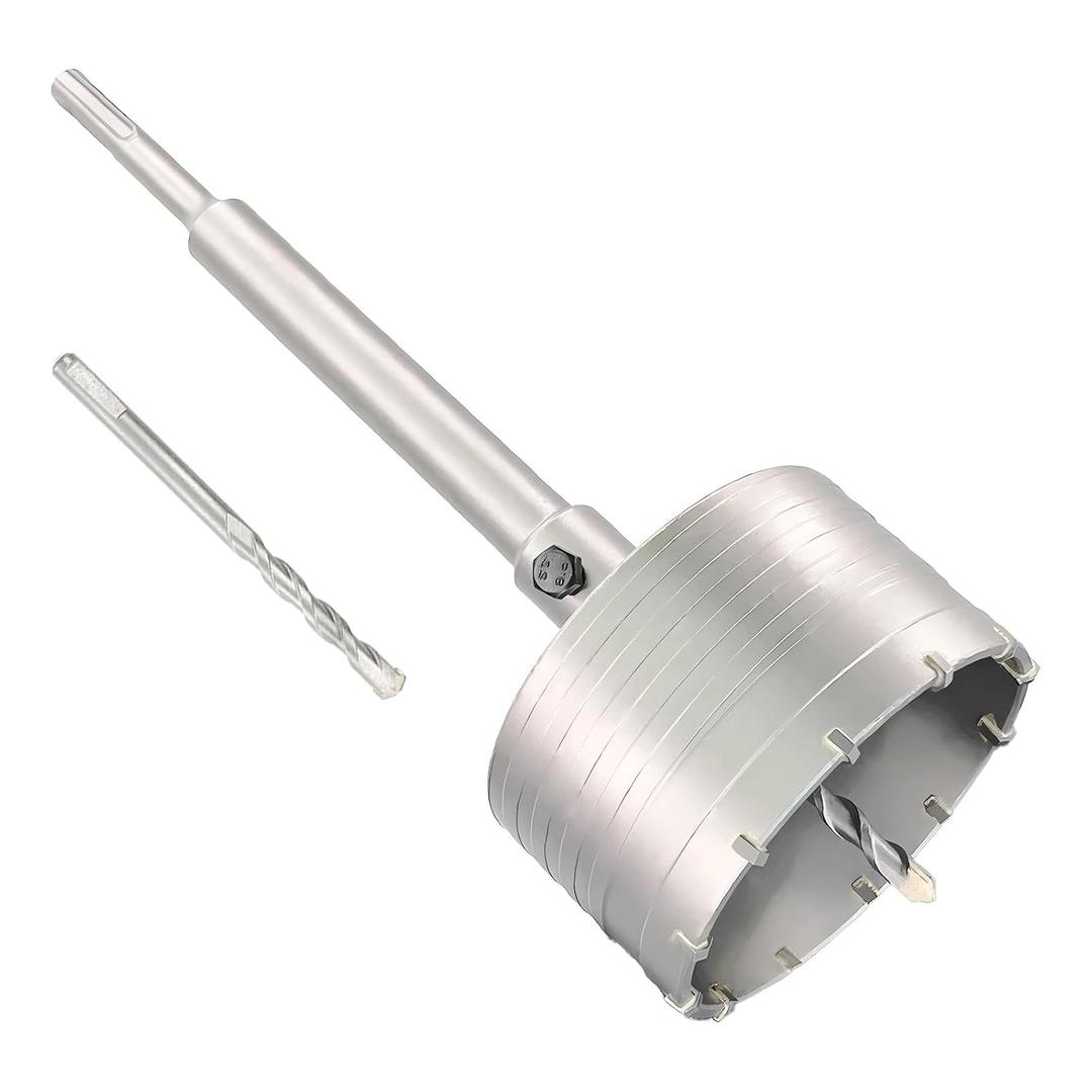 4" Concrete Hole Saw, 102mm Tungsten Steel Core Bit for Cinder Block, Brick, Rock, Plank Walls for Pipes or mini Split Lines, with SDS Plus Shank and 2 Center Positioning Drill Bits.