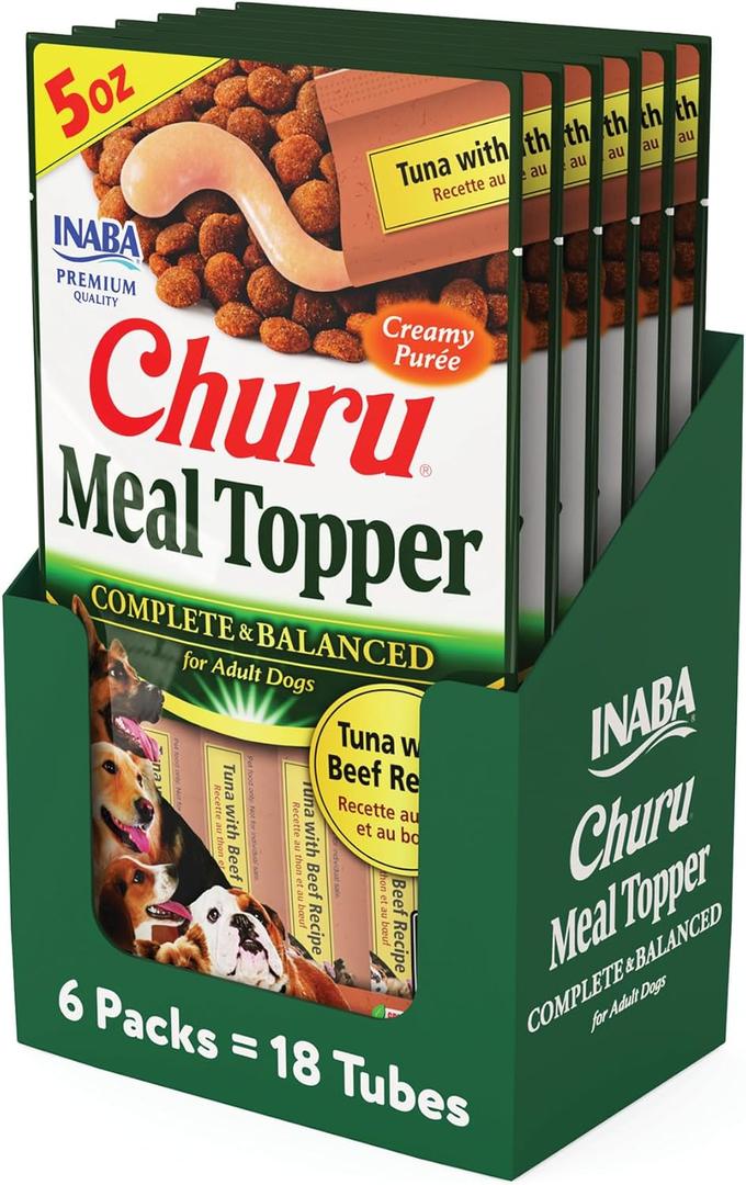 INABA Churu Meal Topper for Dogs, Complete & Balanced, Creamy, Lickable Pure Dog Food Toppers, 1.69 Ounce Tube, 18 Tubes (3 per Pack), Tuna with Beef Recipe