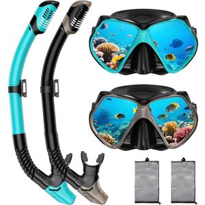 2 Pack Snorkeling Gear for Adults, Dry Snorkel, Mask Set Adult, Diving Scuba Mask, Scuba Gear, Swimming Goggles with Nose Cover, Swim Freediving Tempered Glass Panoramic View Travel Packages (Gray+Green)