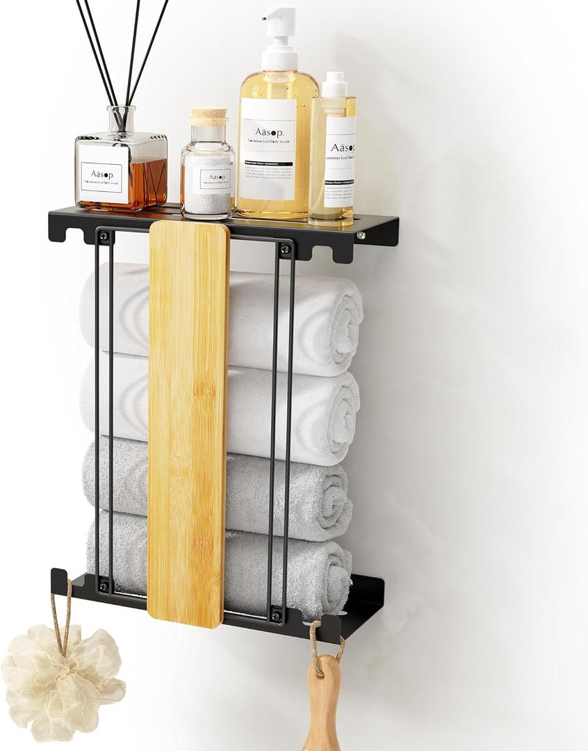 Towel Racks for Bathroom - Wall Mounted Bamboo Shelf for Holding 3 Extra Large Rolled Towels with 2 Hooks - Space Saving Bathroom Organizer for Small Spaces, Apartment, or RV, Black