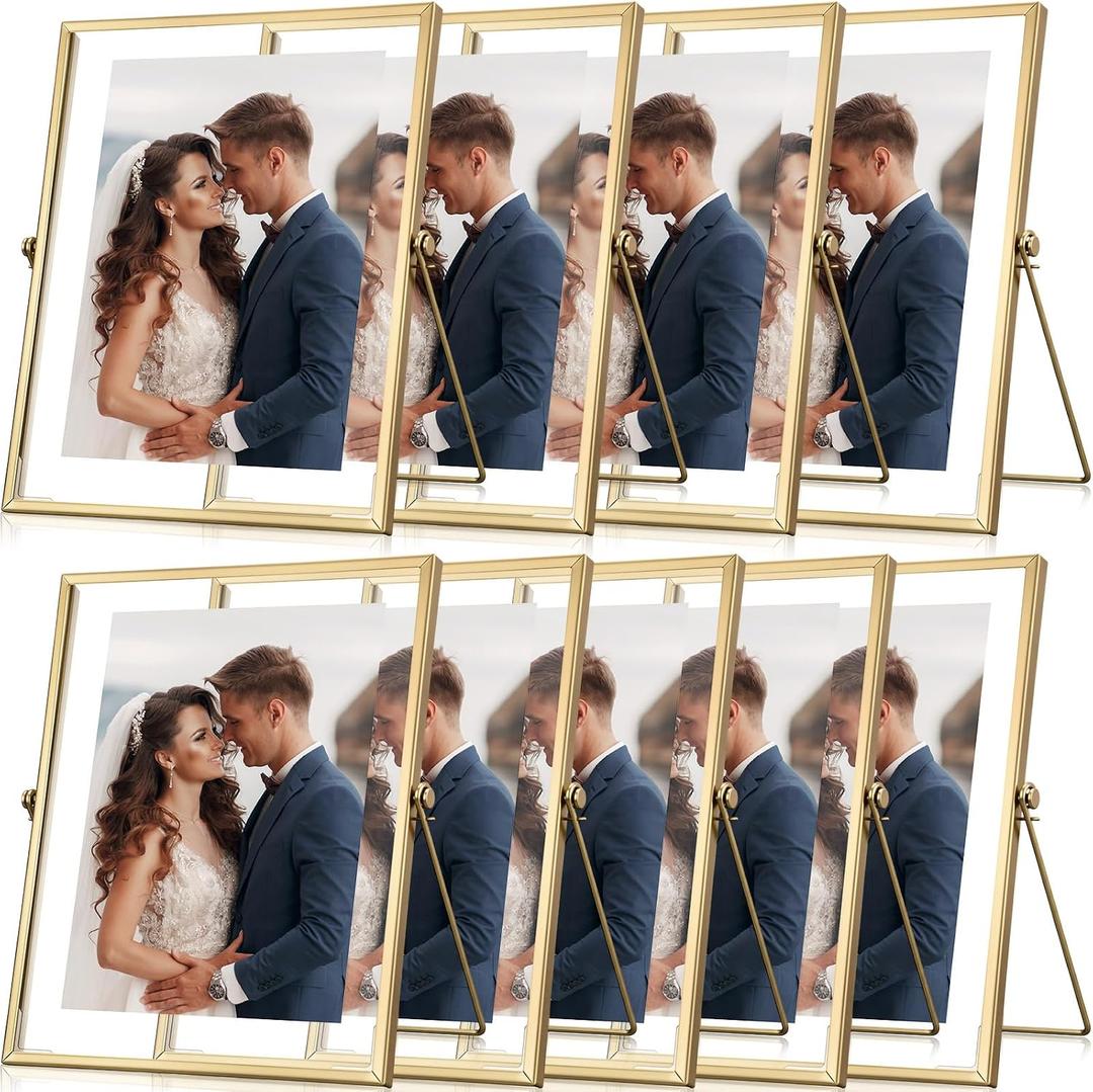 Treela 9 Set Gold Frames 8x10 Inch for Picture Sizes 6x8, Metal Glass Vintage Brass Floating Photo Frame Vertical Tabletop Display for Wedding Home Office Desk Decorations(Frame Size 8x10 Inch)