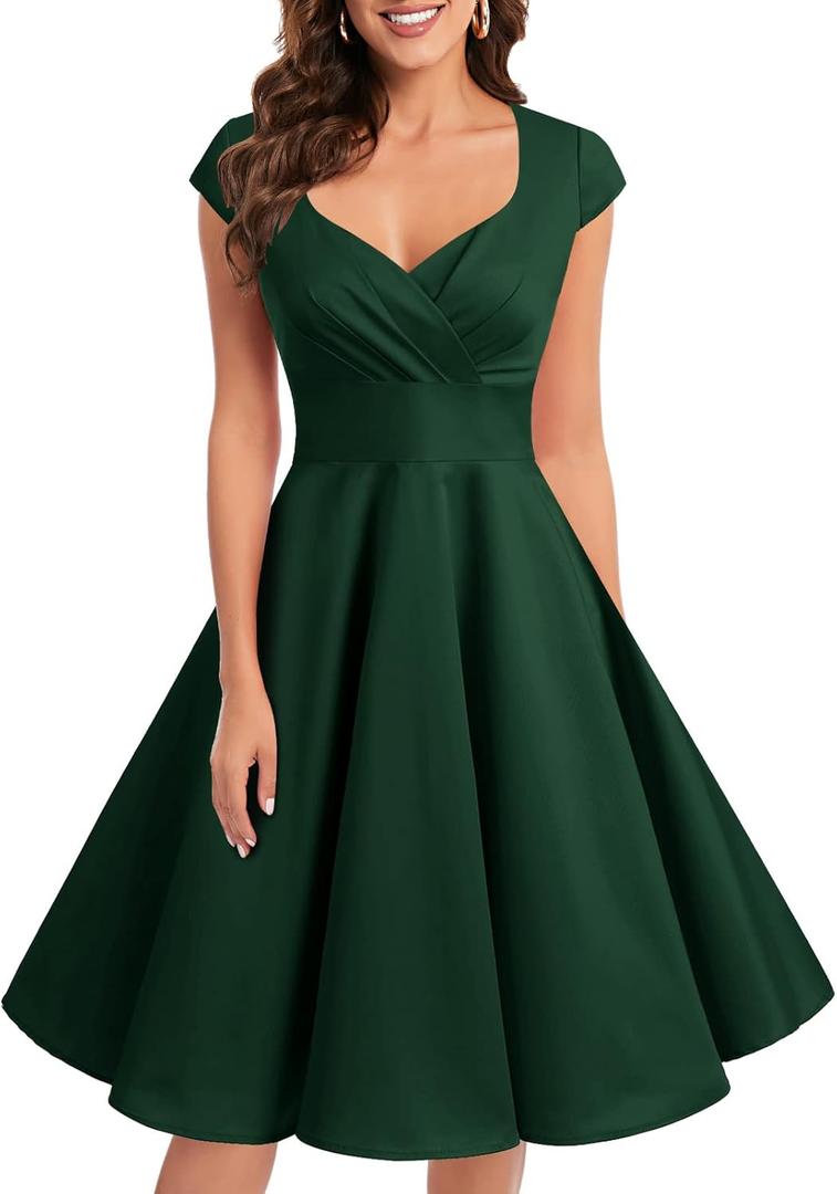 Bbonlinedress Women Short 1950s Retro Vintage Cocktail Party Swing Dresses (Small, Dark Green)