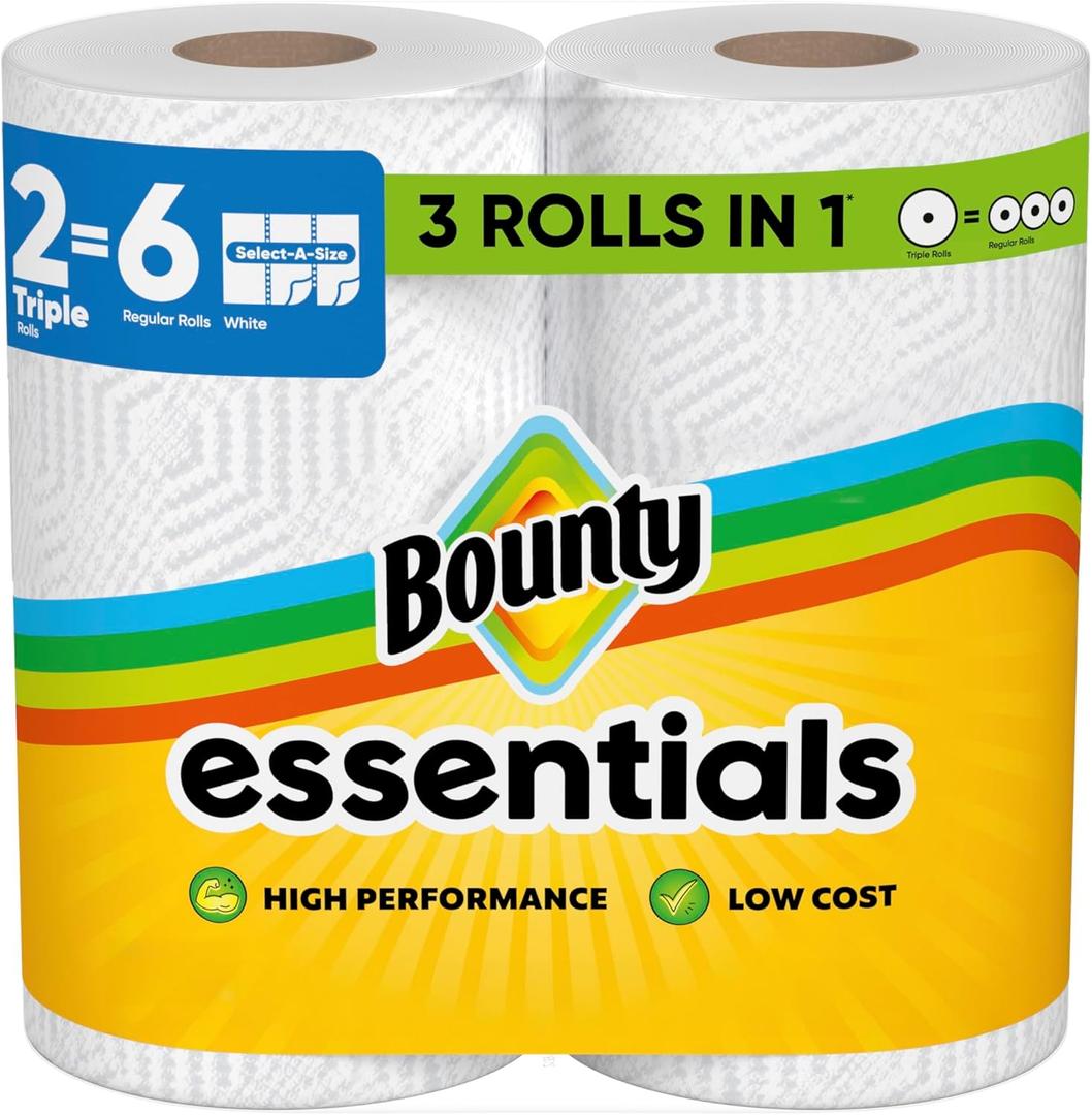 Bounty Essentials Select-A-Size Paper Towels, White, 2 Triple Rolls = 6 Regular Rolls (Packaging May Vary)