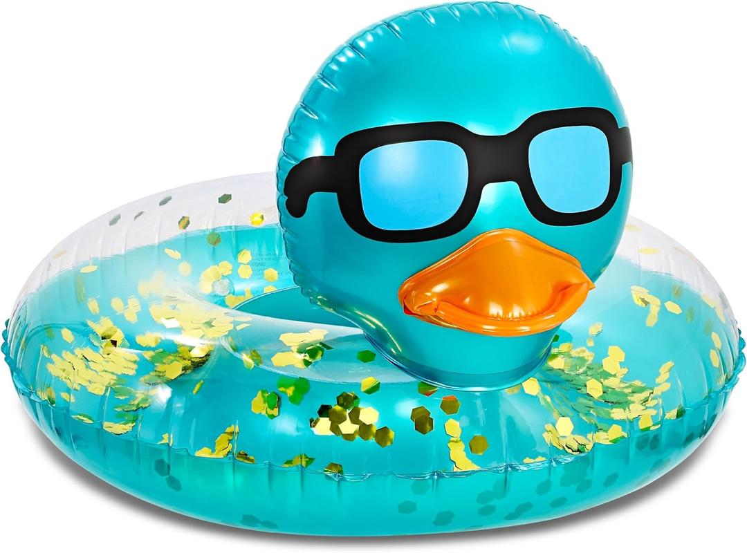 POZA Inflatable Duck Pool Float Tube- Heavy Duty Vinyl UV Resistant Confetti Pool Duck Floatie, Animal Pool Float Swim Ring Pool Inflatables for Kids and Adults for Beach, Party, Vacation (Blue Gold)