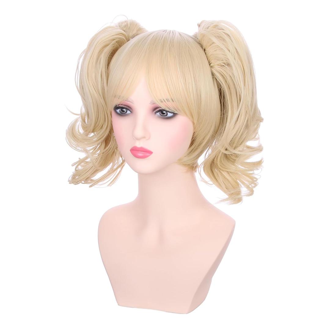 Kids Blonde Two Ponytail Wig Girls Short Light Blonde Wavy Curly Wig with Bangs Heat Resistant Synthetic Wigs with Cap