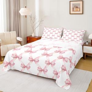 Manfei Pink Bowknot Bed Sheet Queen Size,Dreamy Princess Style Kids Girls Sheets,Watercolor Bow Geometric Grids White Bedding Sets (1 Fitted,1 Flat,2 Pillowcases) Deep Pocket Bed Sheets