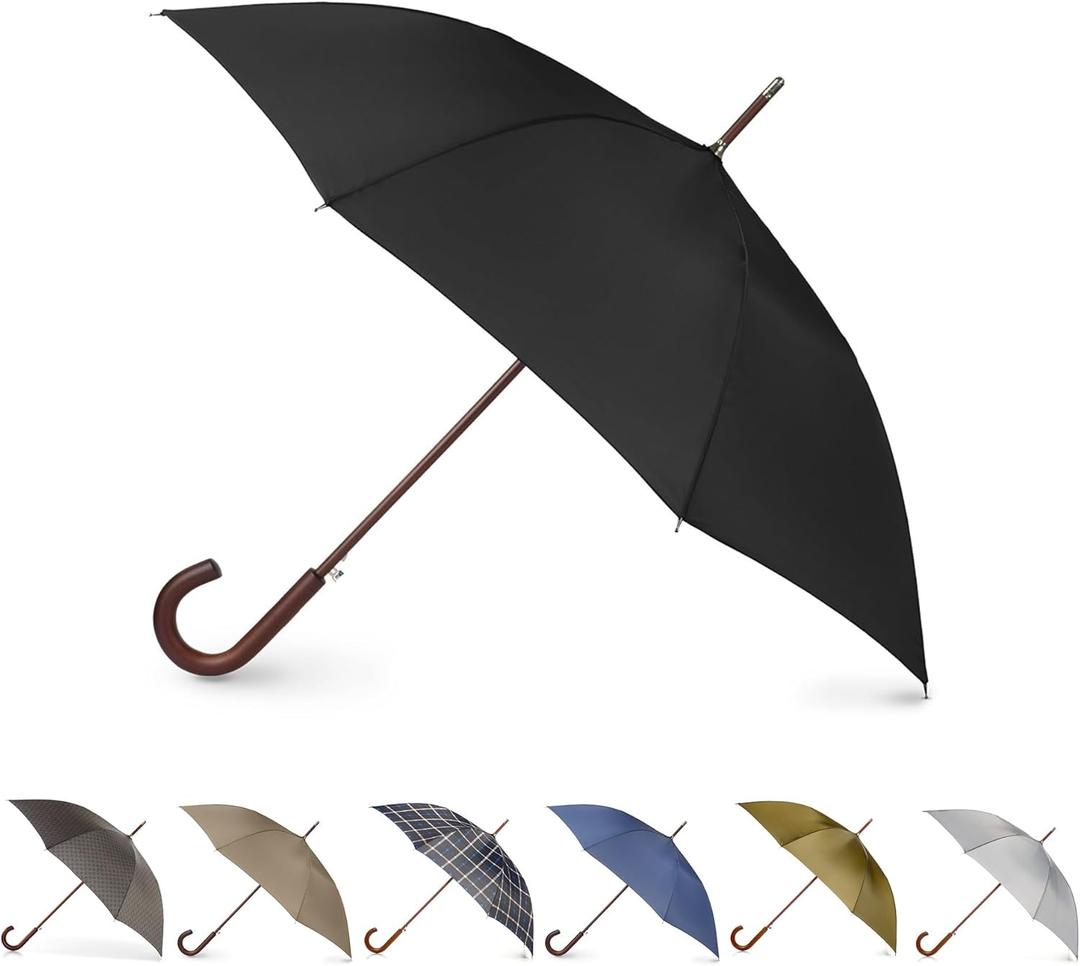 Totes Eco Auto Open Umbrella Classic Wooden J Stick Handle with Easy Grip - Windproof, Rainproof and Durable Canopy Design  Versatile Travel, Perfect for Rainy Days (Black)