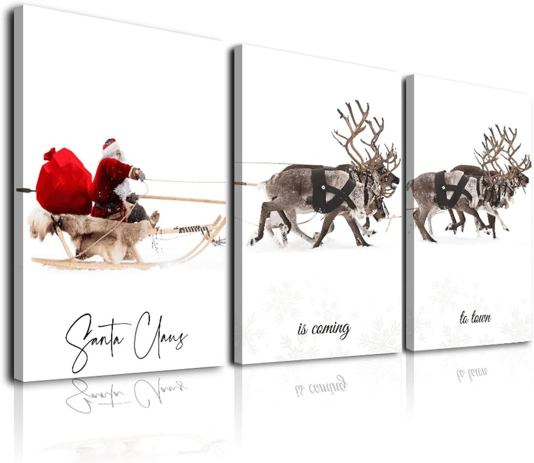 Framed Christmas Wall Art Set of 3,Santa Claus with Sleigh Canvas Art Prints, Christmas Wall Decor Living Room, Vintage Christmas Decor Santa Claus is Coming to Town Winter Wall Art Xmas Sign for Home Bedroom Bathroom Decoration,12"x16"