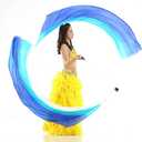 2Pcs Silk Veil + 2Pcs Poi Chain Ball Women Belly Dance Poi Streamer Throw Ball Stage Props (Gradual Blue)
