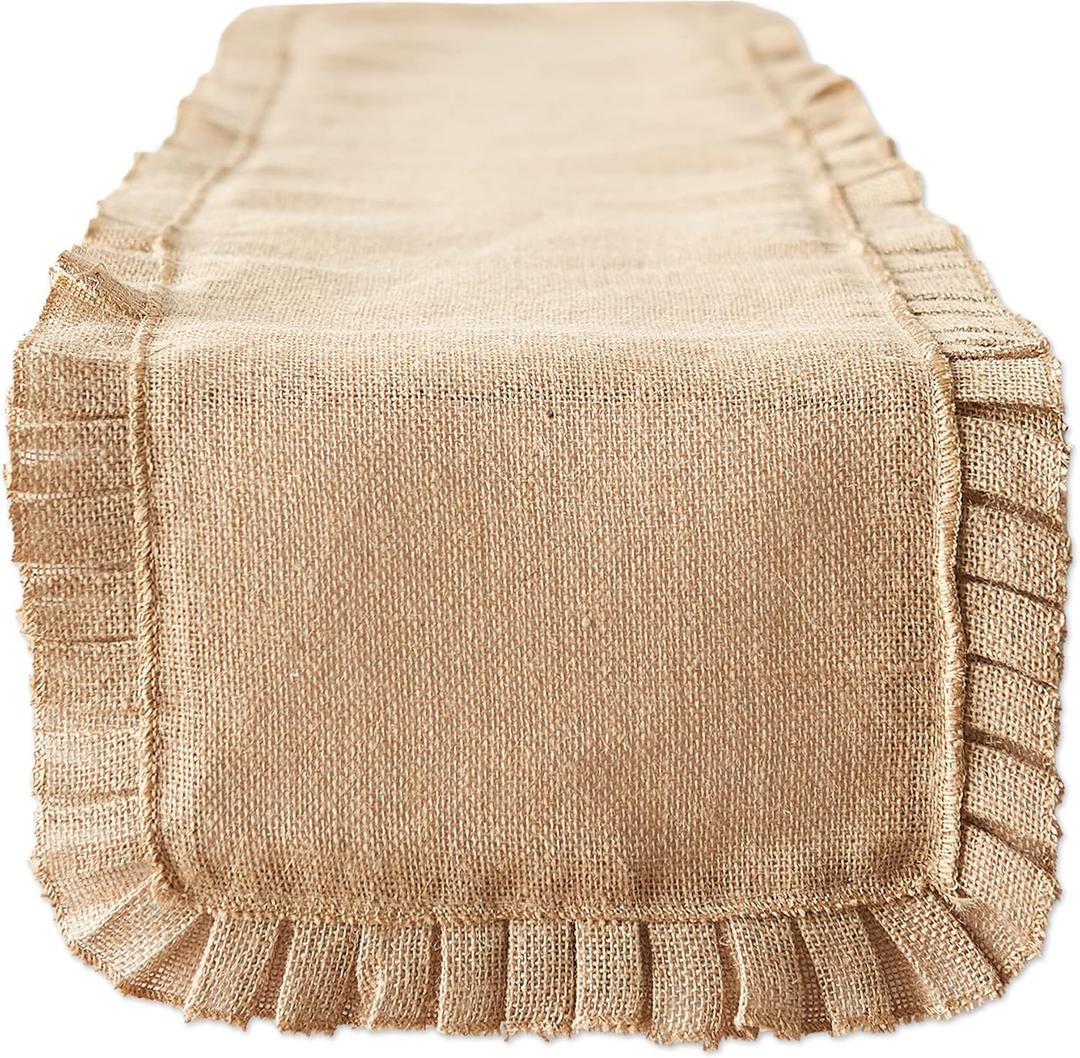 DII Jute Burlap Collection Kitchen Tabletop, Table Runner, 14x108, Ruffle Trim Natural