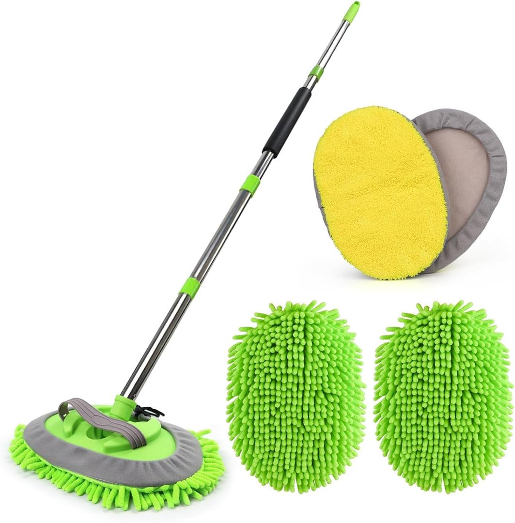 62'' Microfiber Car Wash Brush Mop Kit Sponge with Long Handle, Chenille Car Cleaning Brush Supplies Car Windshield Cleaner Pads for Car Rv SUV Truck Boat Bus Non-Scratches (Green)