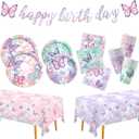 Butterfly Birthday Party Supplies Set - Includes Disposable Plates, Cups, Napkins, Tablecloth, and Banner | Butterfly Party Decorations for Girls Birthday Celebration, Serve 24