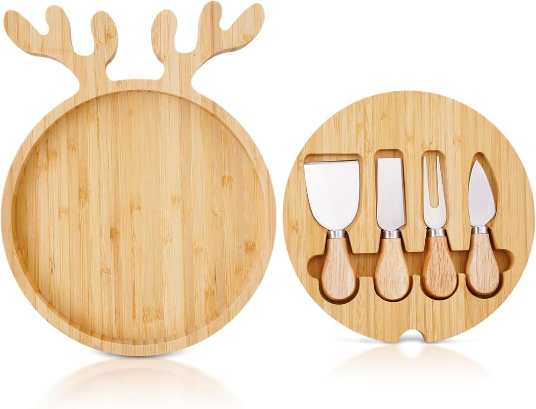 Remerry Christmas Serving Platter Cutting Board Set, Christmas Serving Tray Bamboo Tray and Knife Set Elk Charcuterie Board Platter Food Plate Kitchen Gifts for Cheese Candy Dish Plate Xmas Home Party