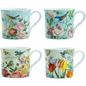 Grace Teaware Bone China Coffee Tea Mugs 10-Ounce, Assorted Set of 4 (Botanical Bird Garden)