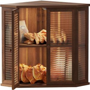 Corner bread box Bread Box for Kitchen Countertop - Corner Bread Storage Box 16.5" H, Premium Wood with Glass Door, Perfect for Homemade Bread, Baguettes & Pastries (Acacia brown)