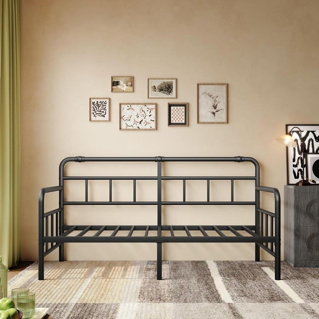 14 Inch Daybed-Frame, Twin-Daybed with Classic-Headboard - Heavy Duty Steel Slats,Metal Sofa Bed Frame for Living Room Bedroom Guest Room, Easy Assembly(Black) (Minimalist)