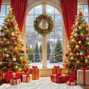 LYWYGG 82.6x59inch Christmas Backdrop Xmas Window Backdrop for Photography Christmas Tree Red Curtain Backdrops 
