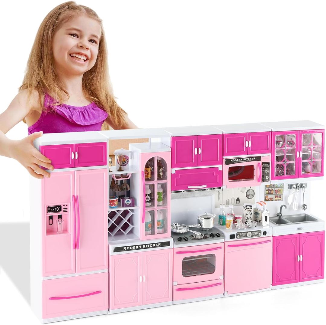 64 PCS Pink Kitchen Toys with Lights Sounds|Mini Kitchen House Furniture Sets for Kids Ages 4-8|Doll Playset Toys for Toddlers 3-5|Birthday Gifts for 3 4 5 6 7 8 Old Girls