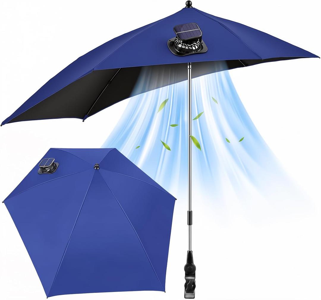 Beach Chair Umbrella with Adjustable Clamp & Solar Fan, UPF 50+, 39 x 38 inches
