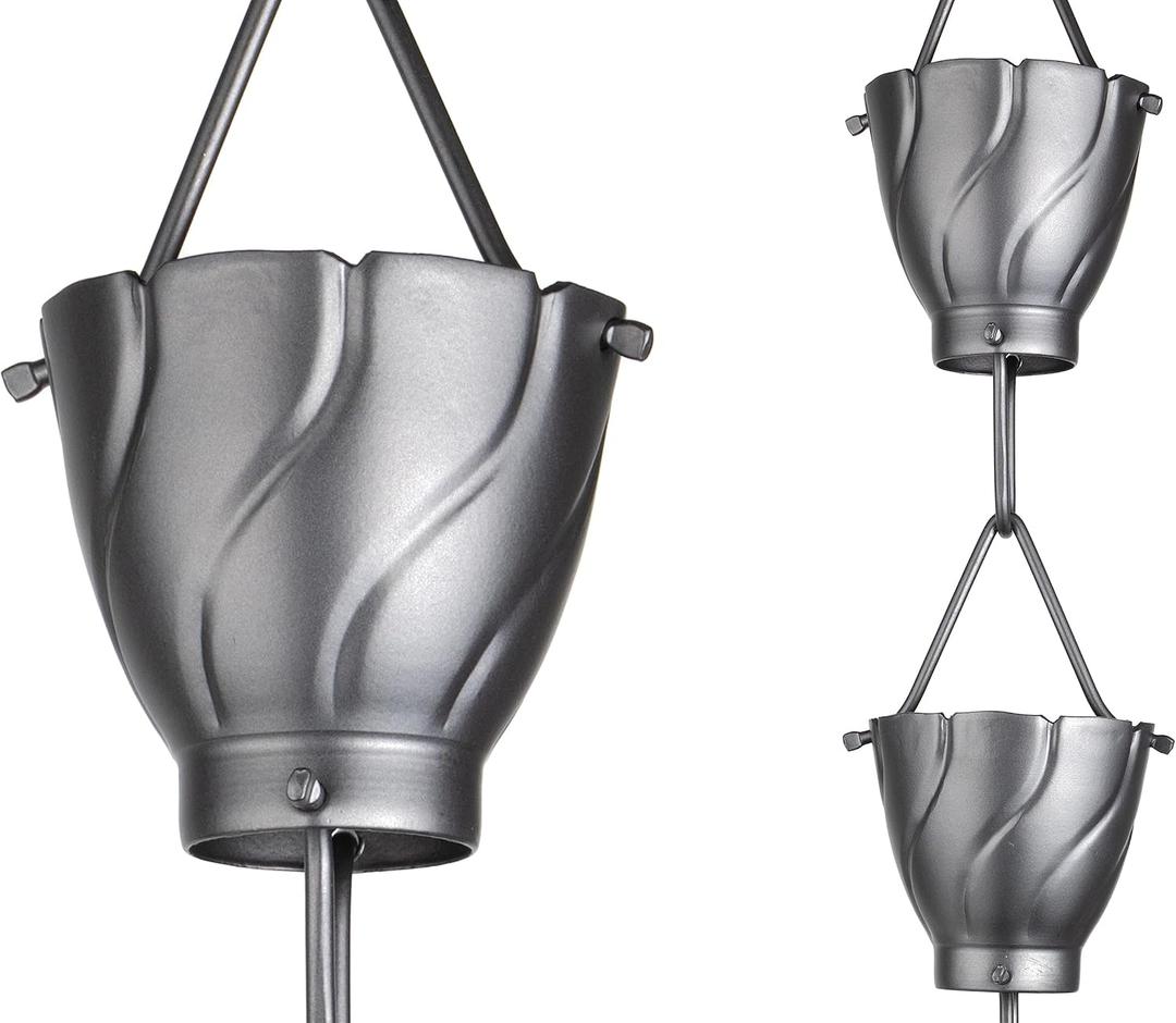 Monarch Rain Chains Aluminum Akira Rain Chain, 8.5 ft Pewter Powder Coated Aluminum Decorative Rain Catcher Chain for Gutters, Pewter Aluminum Rain Gutter Replacement Downspout