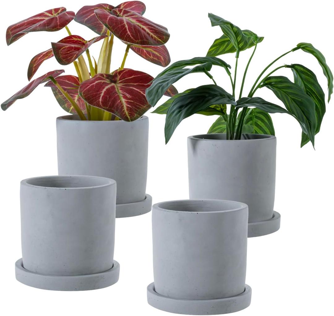 MyGift 4 Inch Unglazed Gray Concrete Planter, Cylindrical Cactus Herb Succulent Planter Pots with Removable Drainage Trays, Set of 4