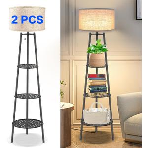 2 PCS Black Floor Lamp with Shelves for Living Room Standing LampTall Lamp Amparas Elegantes para Sala with Linen ShadeModern Floor Lamp for Living RoomBedroom or OfficeBlack