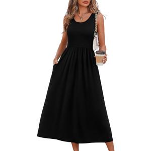 WIHOLL Summer Dresses for Women Flowy Casual Midi Dress Beach Vacation Sundresses with Pockets (Black, M)