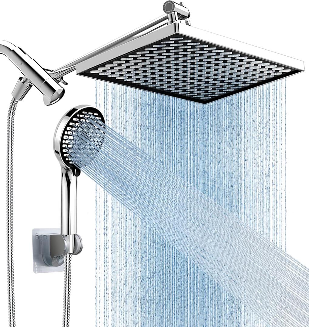 Cobbe 11.8 Inch Rain Shower Head with 6 Modes Handheld Water SprayHigh Pressure Showerhead Combo with 11 Inch Adjustable Extension Arm, Chrome