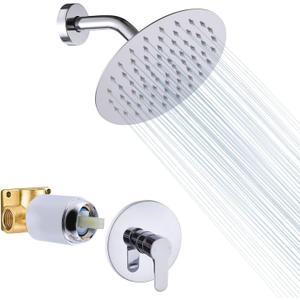 Bathroom Shower Only Faucet Set Shower Head and Handle Set Wall Mount 8 Inch Round Shower Head with Valve Single Handle Shower Valve Kit, Chrome