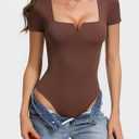 Avidlove Women's Short Sleeve Bodysuit Square Neck Body Suits One Piece T Shirt Summer Going Out Tops Date Outfits (Brown, S)