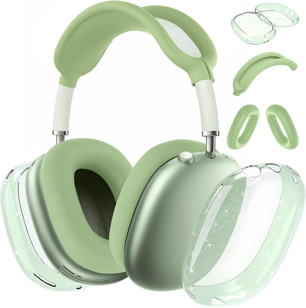 for AirPods Max case Cover,Anti-Scratch Ear Pad Case Cover/Ear Cups Cover/Headband Cover for AirPods Max. Clear Soft TPU and Silicone,Skin Scratch Proof (3 in 1 Silicone & TPU, 3PC Glitter Matcha Green)
