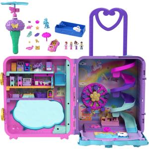 Polly Pocket Dolls, Playset and Travel Toys, 4 Dolls, 1 Vehicle, 25+ Accessories, Resort Roll Away 