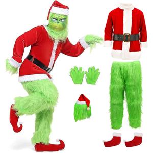 Christmas Costume Adults Men Santa Claus Suit 7PCS Deluxe Professional Furry Xmas for Adult Set
