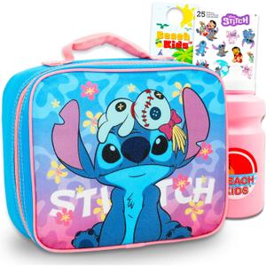 Stitch and Scrump Lunch Box for Kids Set - Bundle with Disney Lunchbag, Water Bottle, Stickers, More | Stitch Lunch Bag for Girls School