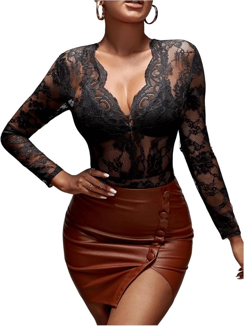 SOLY HUX Women's Lace Long Sleeve Bodysuit V Neck Sheer Mesh Sexy Body Suits Going Out Tops (Medium, Plain Black)