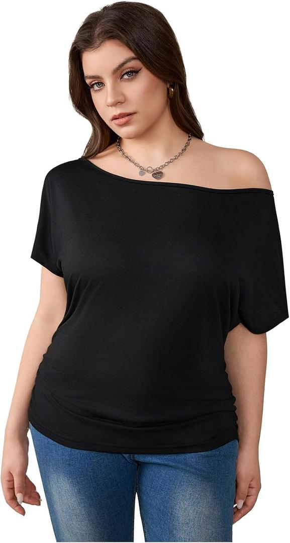Women's Plus Size Off Shoulder Tops Short Sleeve Asymmetric Neck Ruched Casual T-Shirts (XL)