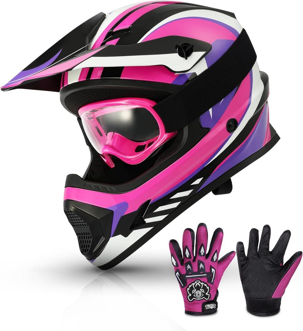 TCMT Youth Dirt Bike Helmet DOT Certified - Kids Full Face Motocross ATV Helmet with Goggles, Gloves and Helmet Bag for Off-Road, BMX, MX, Street Riding (Pink, XL)