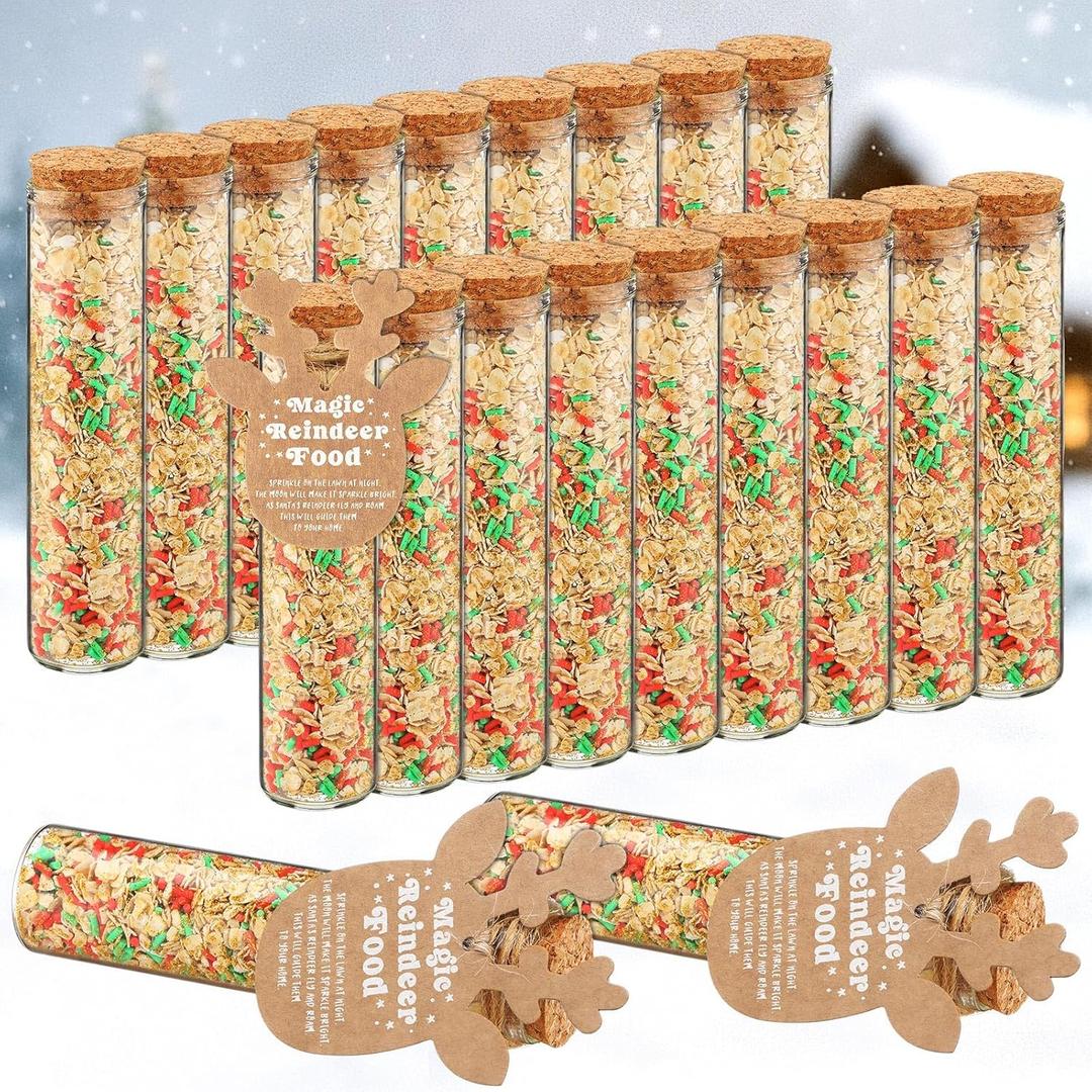 Honeydak 40 Pcs Magic Reindeer Food Set Glass Jar with Lid Card Glitter Reindeer Food Christmas Eve Present Party Favor Filled Treat Bag Bottle for Gift Giving Tradition Stocking Stuffer