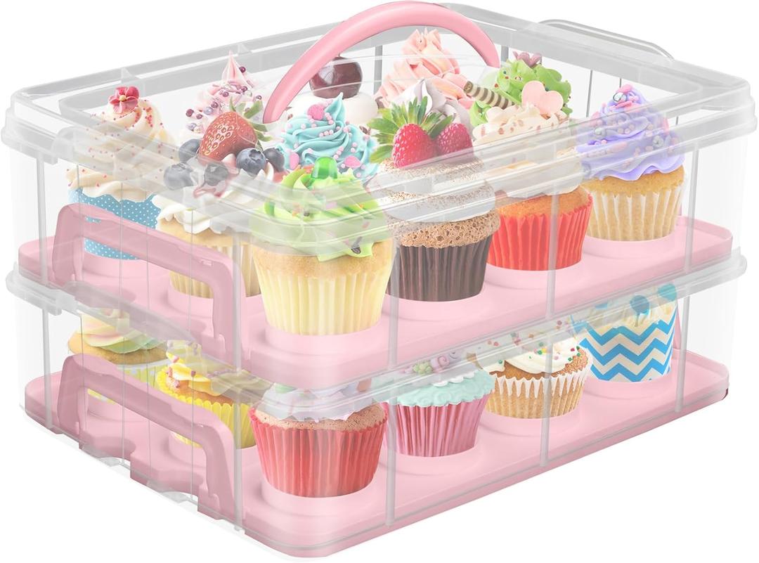 Cake Carrier with Lid, Two Tier Handle Cupcake Carrier, Stackable Cupcake Holder Container for 24 Cupcakes, Cake Carrier with Trays, Dessert Container for Cake Pie Muffin Cobbler, Pink