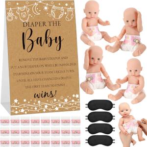 33 Pcs Baby Shower Diaper Changing Game Supplies Including Dolls Blindfold Diapers Wooden Sign for Changing Race Gender Reveal Party Favors(Retro)
