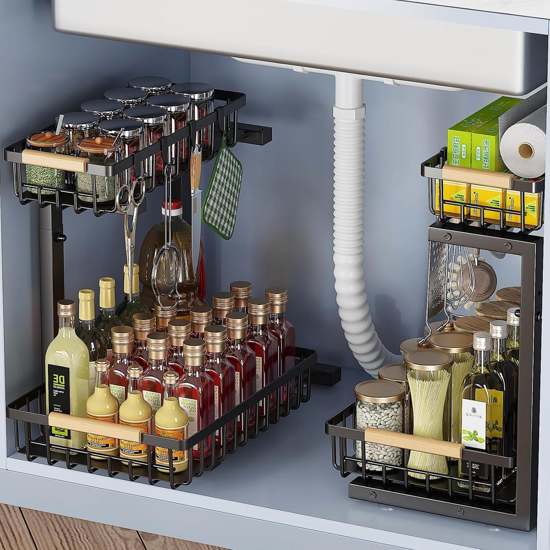2 Pack Under Sink Organizer and Storage, Under Sink Storage for Kitchen Bathroom Cabinet, Double Pull-out Design, Height Adjustable