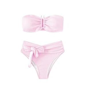 WDIRARA Women's 2 Piece Bikini Set Rib Knit Strapless Knot Front High Waist Swimsuit Set (Light Pink)